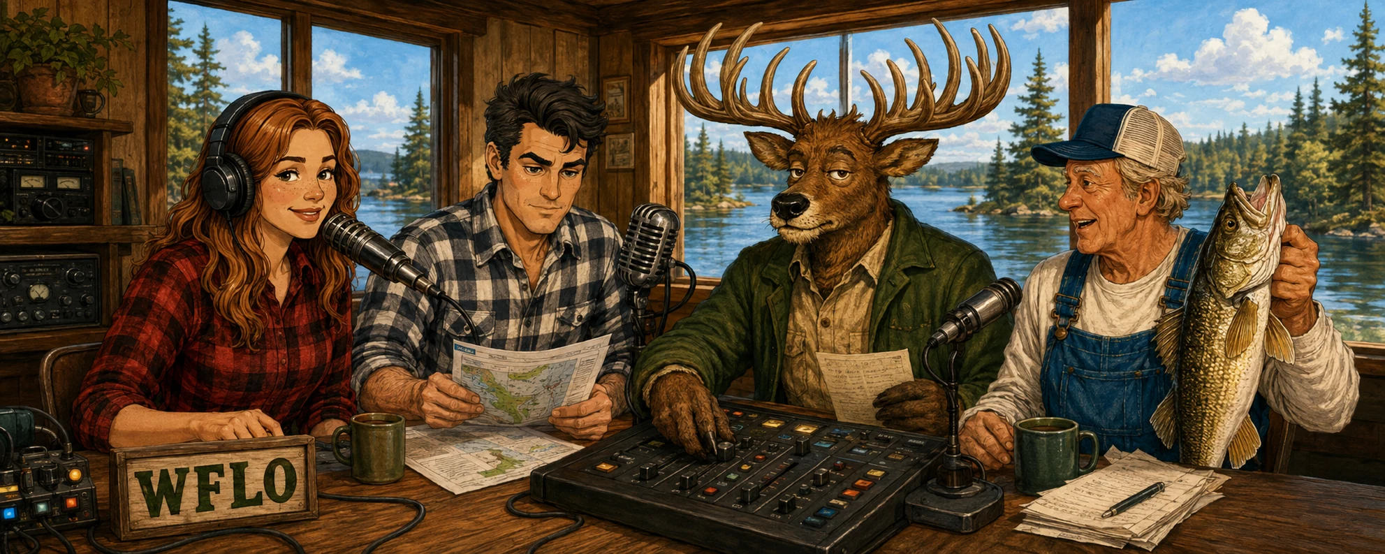 Flo welcomes you at the microphone, Ren studies weather paperwork, Horace works the console, and Walleye Matt joins them with his catch in a sunlit Northwoods studio.